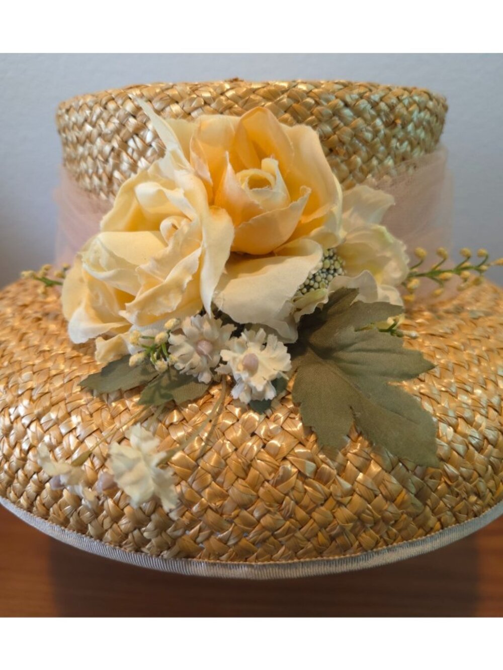 Vtg Lily J x Eric Javits Kettle Brim Straw Hat w/ Yellow Floral Accent  7-1/8 - Picture 6 of 10